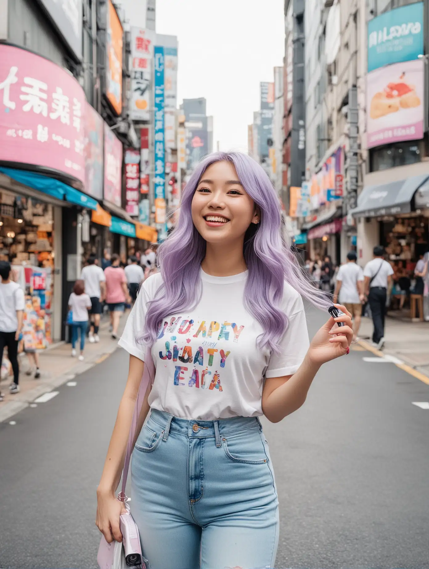 Happy-Asian-Woman-in-Galaxy-TShirt-and-Jeans-Posing-in-Myeongdong-Seoul-with-Bubble-Tea-and-Shopping-Bag