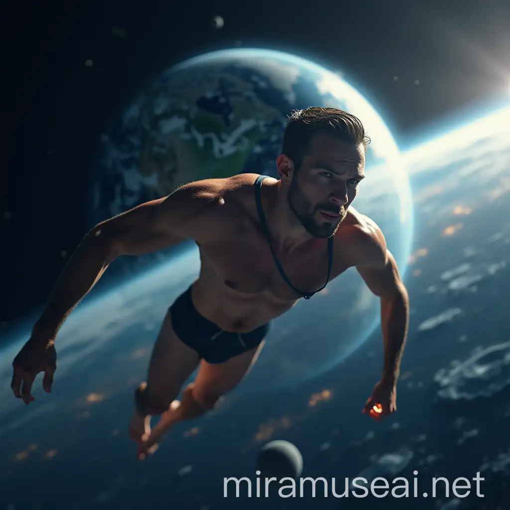 Man in Swimsuit Flying Through Interstellar Space with Earth in Background