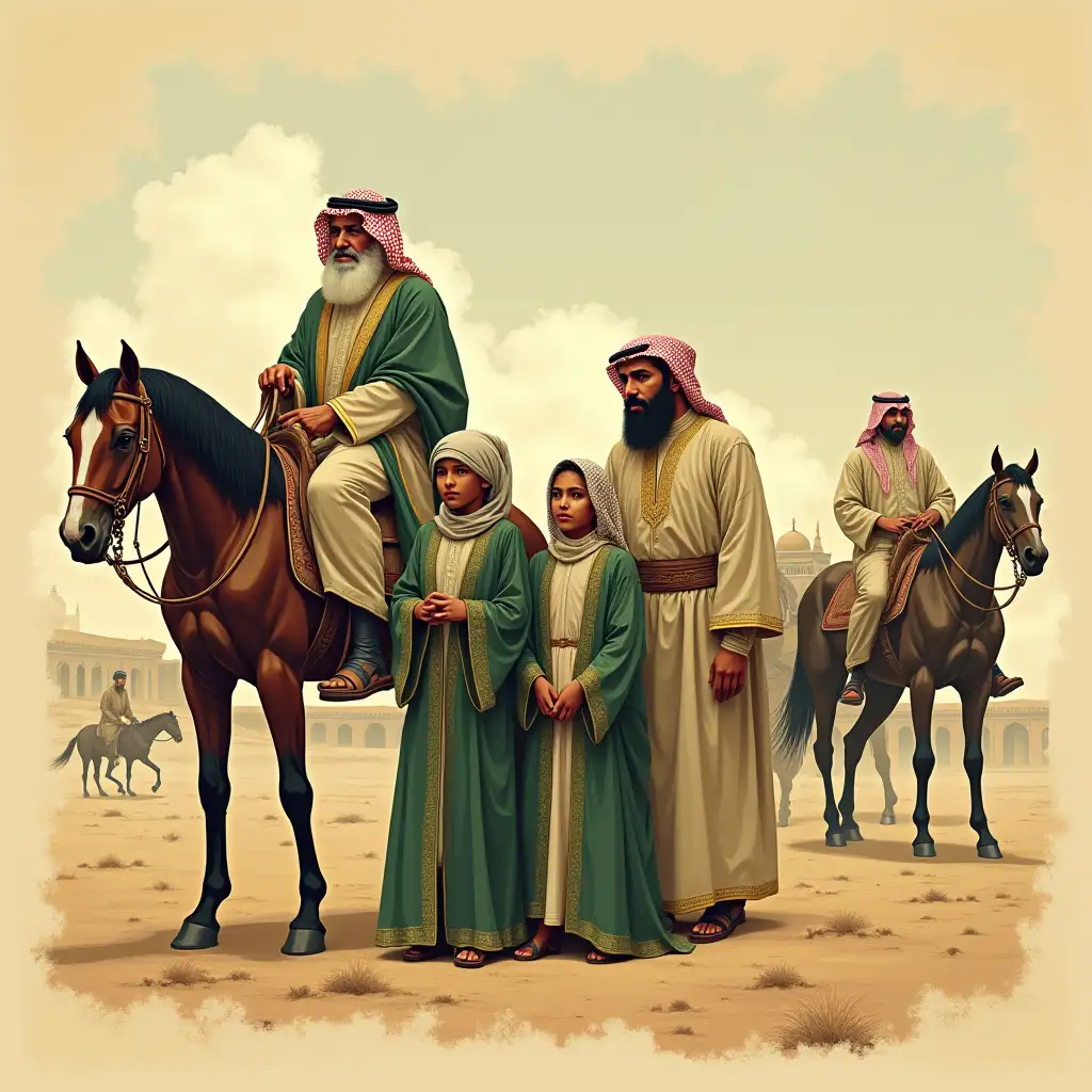 An old-fashioned illustration in the style of Saudi Arabia's Founding Day, showcasing a traditional family scene. The image features an elderly man in traditional Saudi attire, with a long thobe, ghutra, and a dignified beard, sitting on a majestic horse. Beside him, a family of four is depicted: a father and mother in traditional Saudi clothing, with a son and daughter standing next to them. The family is dressed in elegant, classic abaya and thobe with intricate embroidery, embodying the historical pride of Saudi Arabia. In the background, the family is surrounded by desert landscapes with cultural Saudi architecture visible in the distance. The scene also includes horses, reflecting the importance of equestrian culture in Saudi history. The colors are warm, with rich tones of green, gold, and earthy hues, reflecting the historic significance of the day. The entire image has an old, vintage feel, as if it’s a black-and-white photograph with subtle sepia tones to enhance the nostalgic atmosphere.