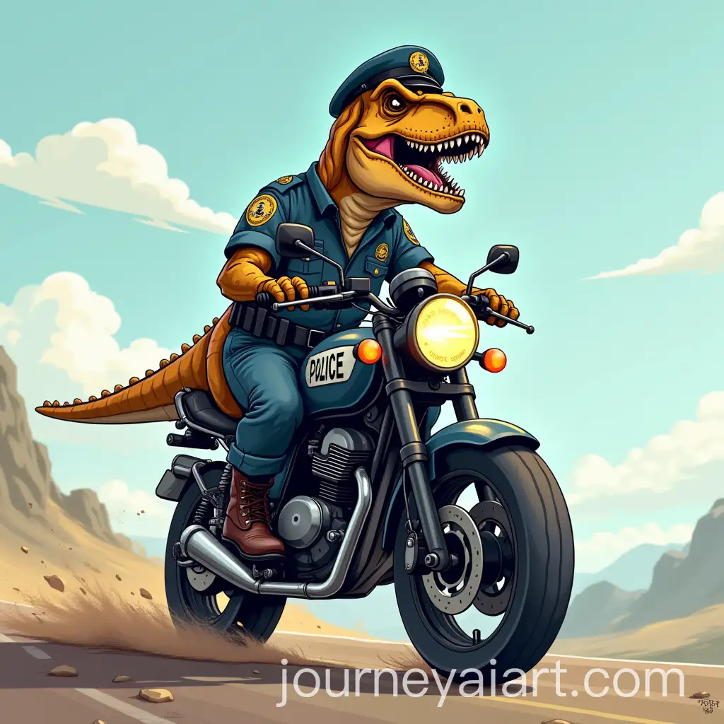 Cartoon-TRex-Police-Officer-Riding-a-Police-Motorbike