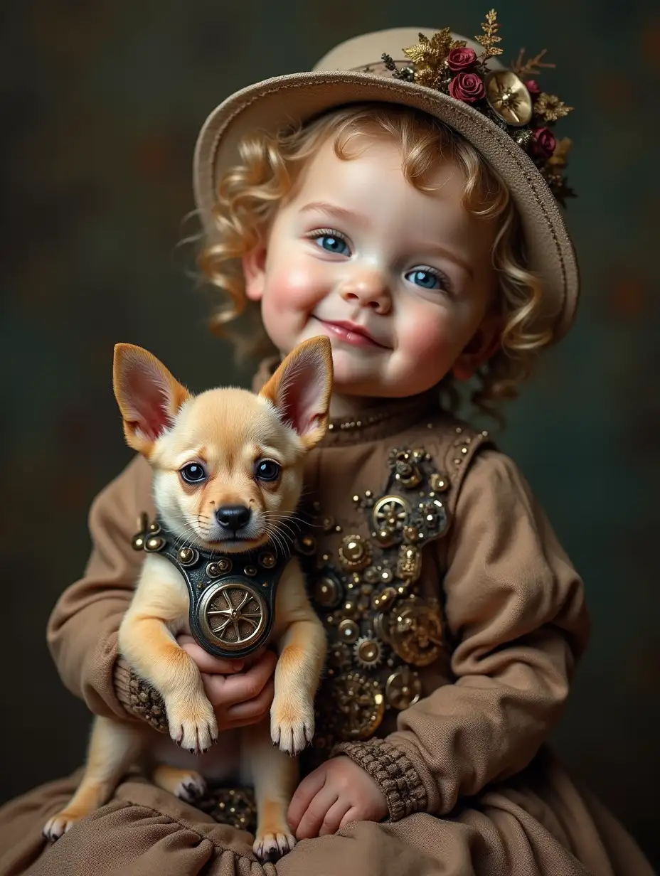 Lifelike Infant in Ornate Steampunk Dress with MetalCollared Puppy