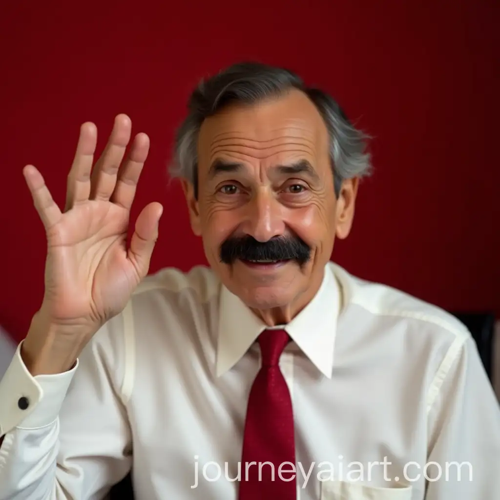 Elderly-Man-with-Black-Mustache-and-Red-Tie-Waving-in-Front-of-Red-and-White-Background