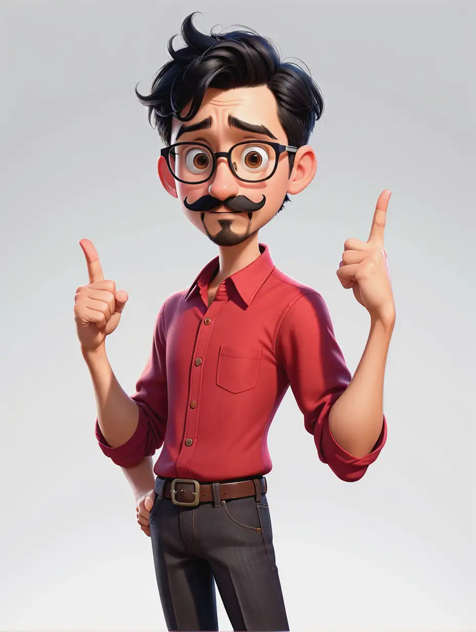 A short, skinny guy with black hair styled upward, round eyes, and wearing large, dark-framed glasses. He has a goatee and a mustache, and is dressed in a plain Red shirt. The character appears lively and expressive, with an animated expression and a raised finger, as if he's excitedly sharing an idea or making a point. Pixar style. A simple, clean white background.