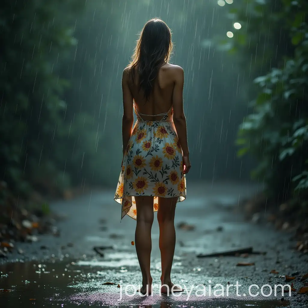 Woman-in-Floral-Dress-Standing-in-the-Rain-with-Sparkling-Raindrops