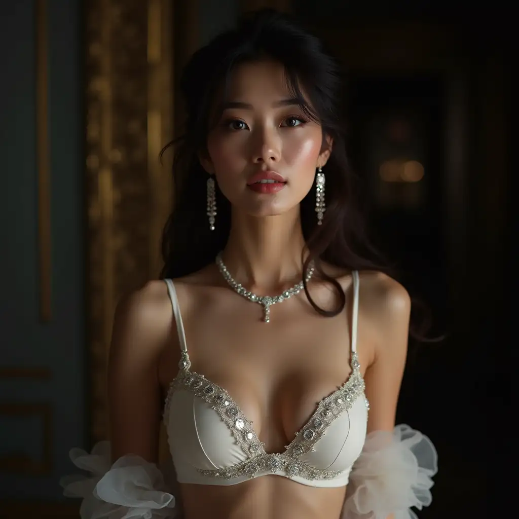 Korean-Race-Queen-in-Elegant-White-Lingerie-with-Haute-Couture-Jewelry-in-Dramatic-Fashion-Photoshoot