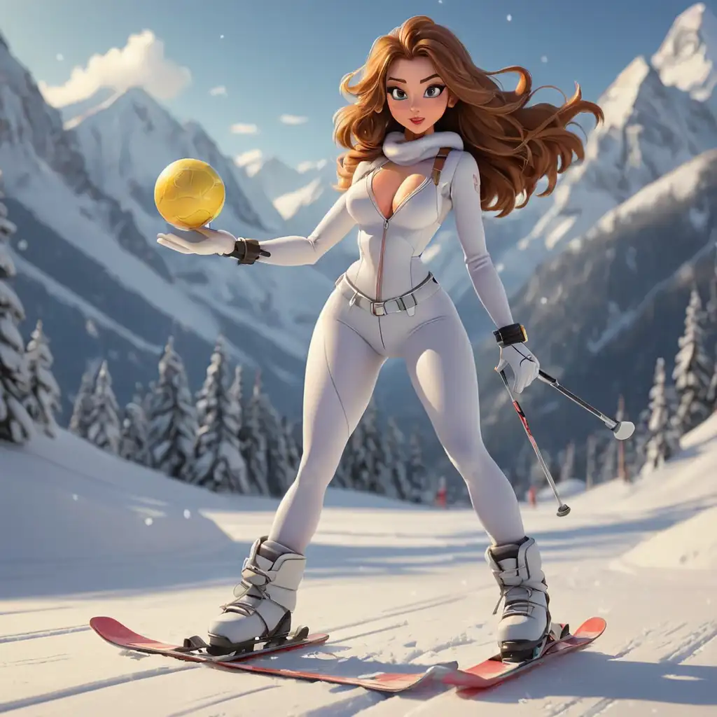 Cartoon-Sexy-Woman-on-Skis-Holding-a-Ball-in-Winter-Landscape