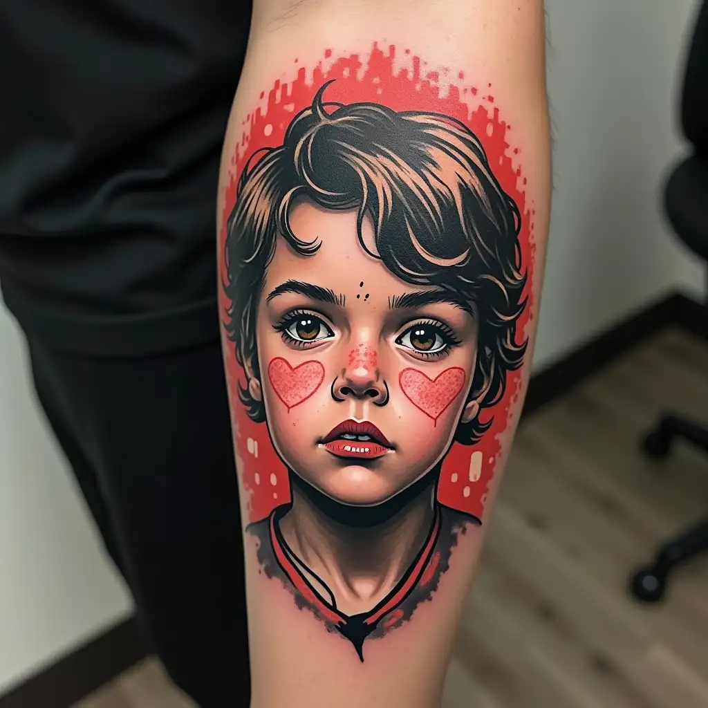 Create a tattoo of a face of boy with a style of Retro pixelated designs