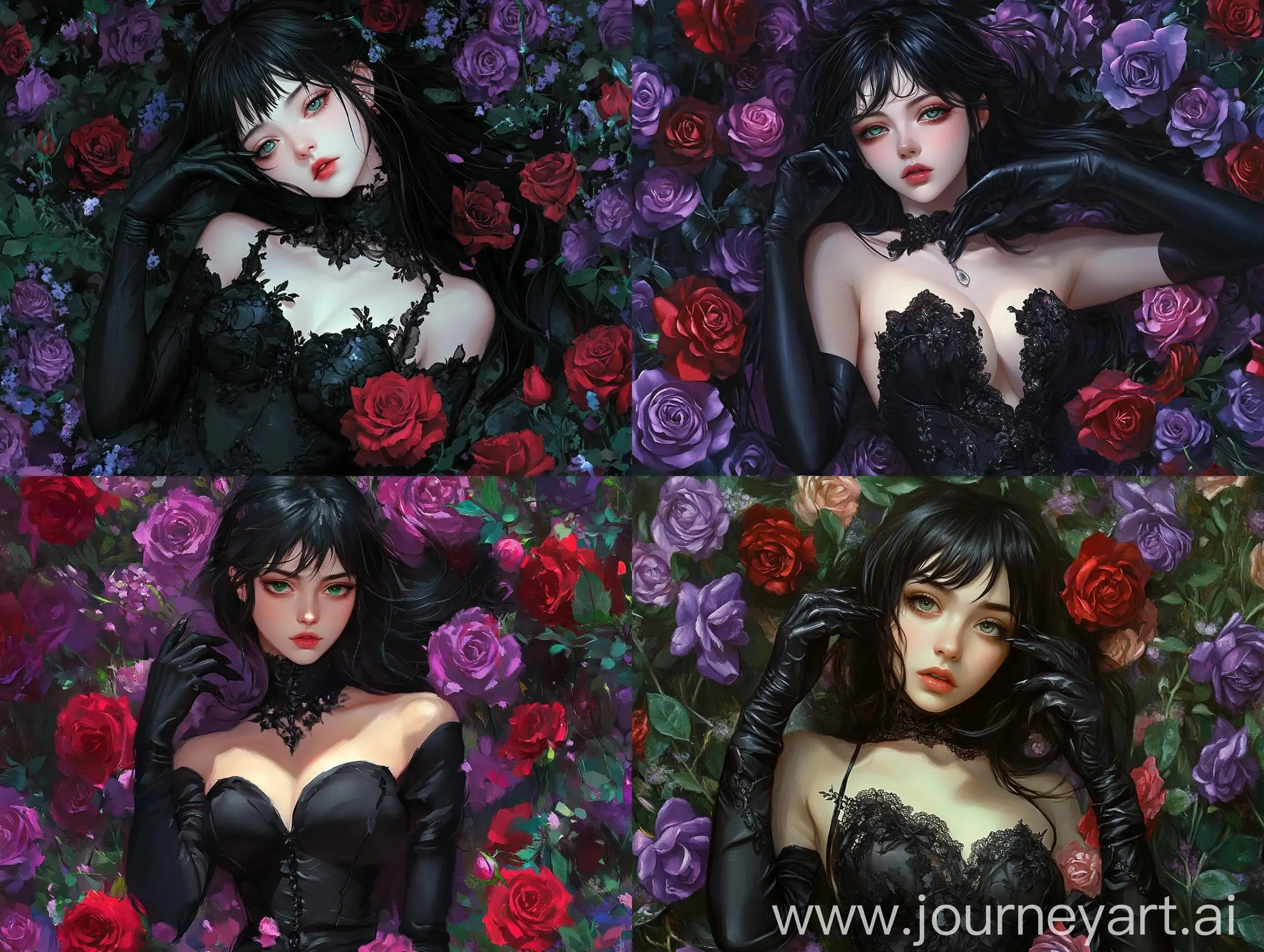 Young-Woman-in-Black-Dress-with-Emerald-Eyes-Surrounded-by-Roses