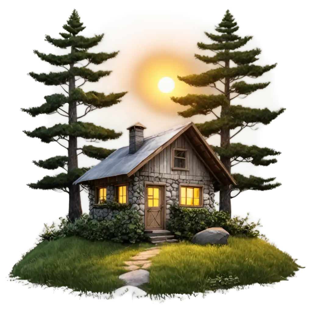 Realistic-Sunset-Over-Little-Hut-of-the-Quail-in-Forest-PNG-Image