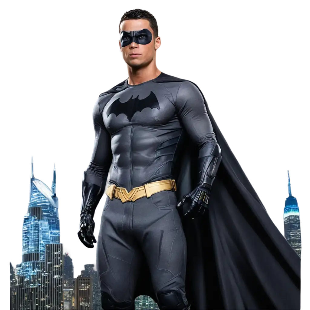 Create an image of Cristiano Ronaldo as Batman, blending his iconic footballer physique with the classic Batman suit. The suit should be a sleek, modern version of the Batman costume, with dark armor plating and a flowing cape. Ronaldo's face should be partially visible under the bat mask, showing his determined expression. The background should depict a moody, nighttime cityscape, reminiscent of Gotham City, with towering skyscrapers and subtle spotlights. Ronaldo’s pose should be powerful and heroic, capturing his athleticism and strength, as he stands ready to defend the city.