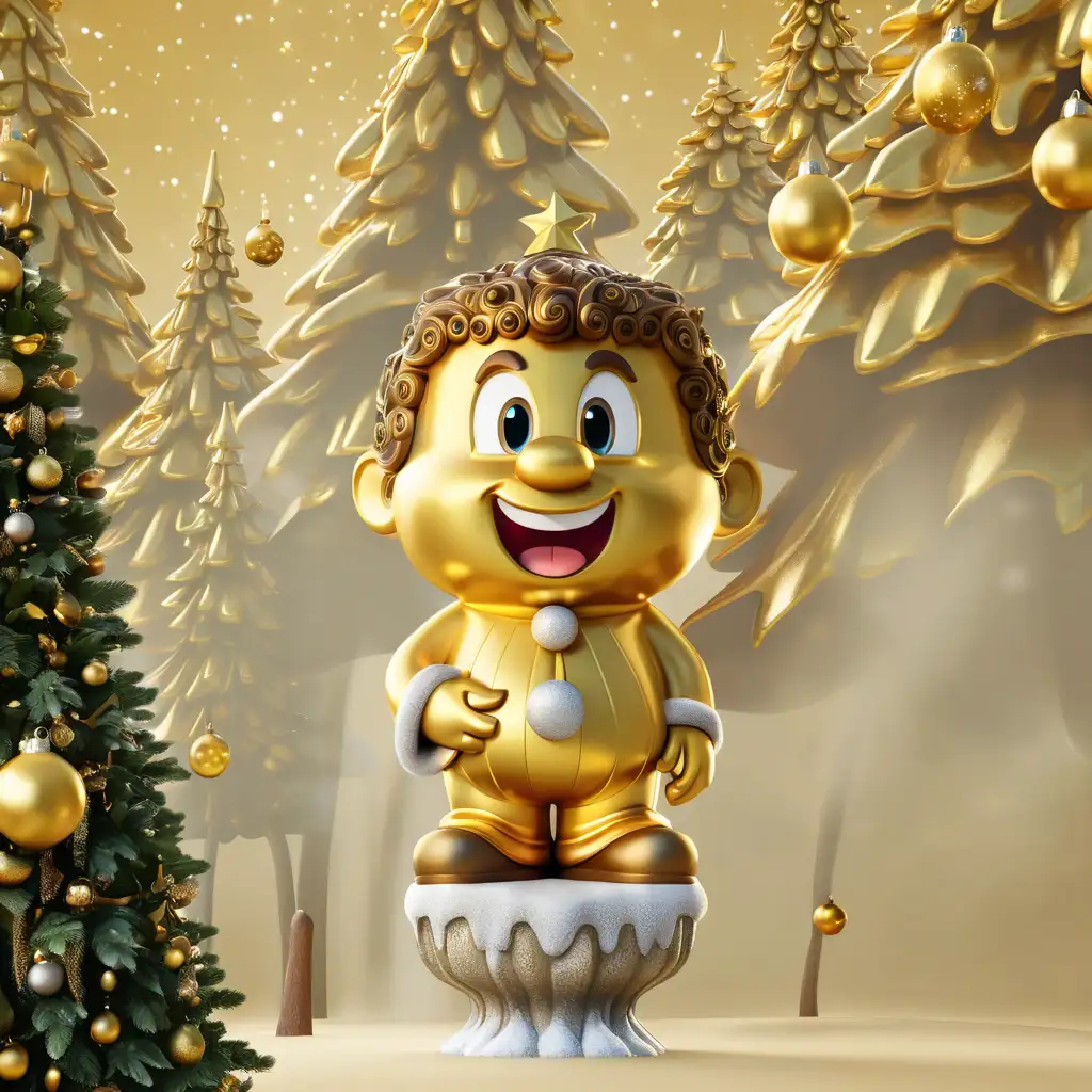 FullBody Golden Cartoon Statue in a Magical Christmas Forest