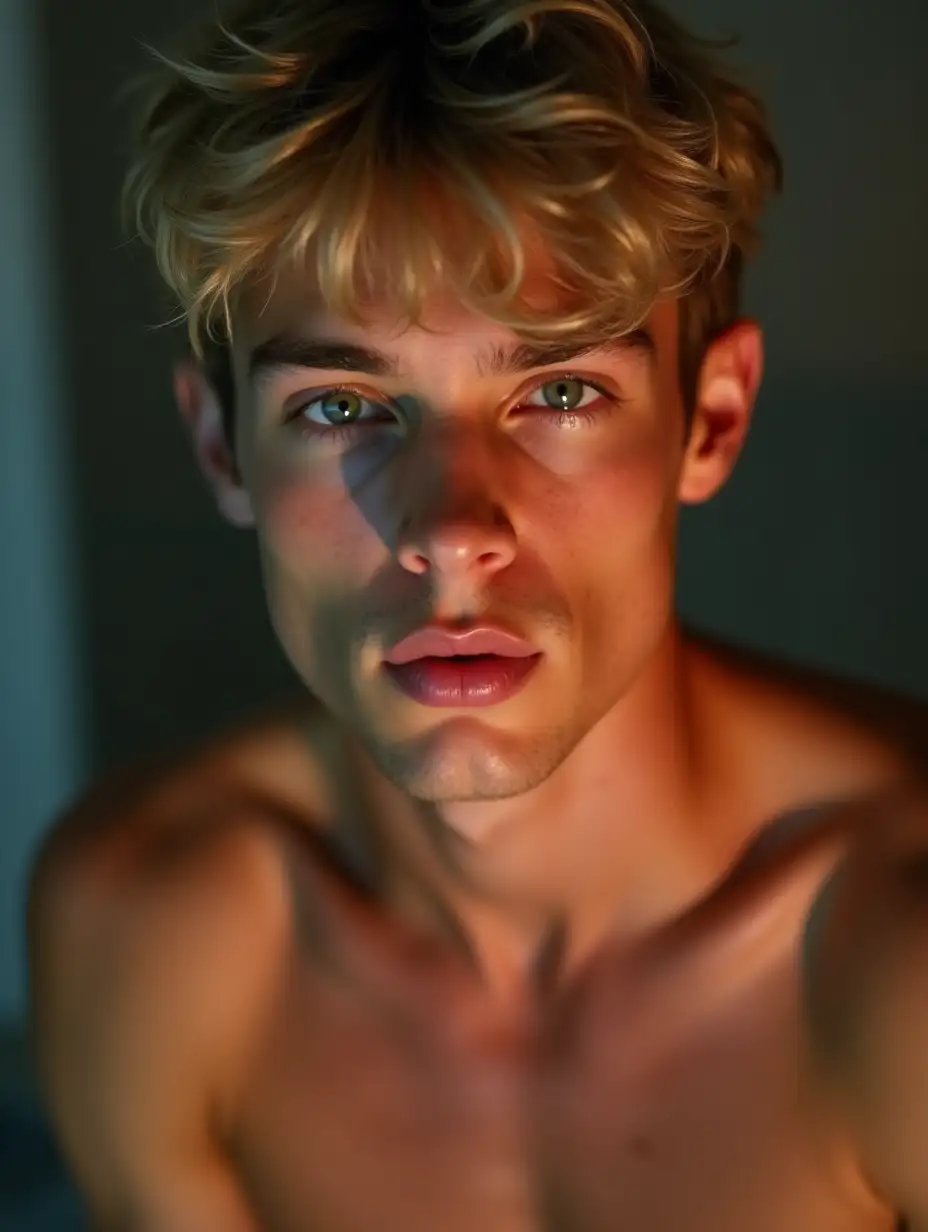 portrait clear facial expression, skin texture photo 8K sharpen film grain chromatic aberration luminous rim light photographic colorful realistic shot photo, soft light exposition and detailed body skin face details, anatomically correct body proportion, slender young adult handsome hairy shirtless blonde one man at home, short hairstyle, male model, open eyes portrait, complete fingers, perfect hands, muscle, editorial style