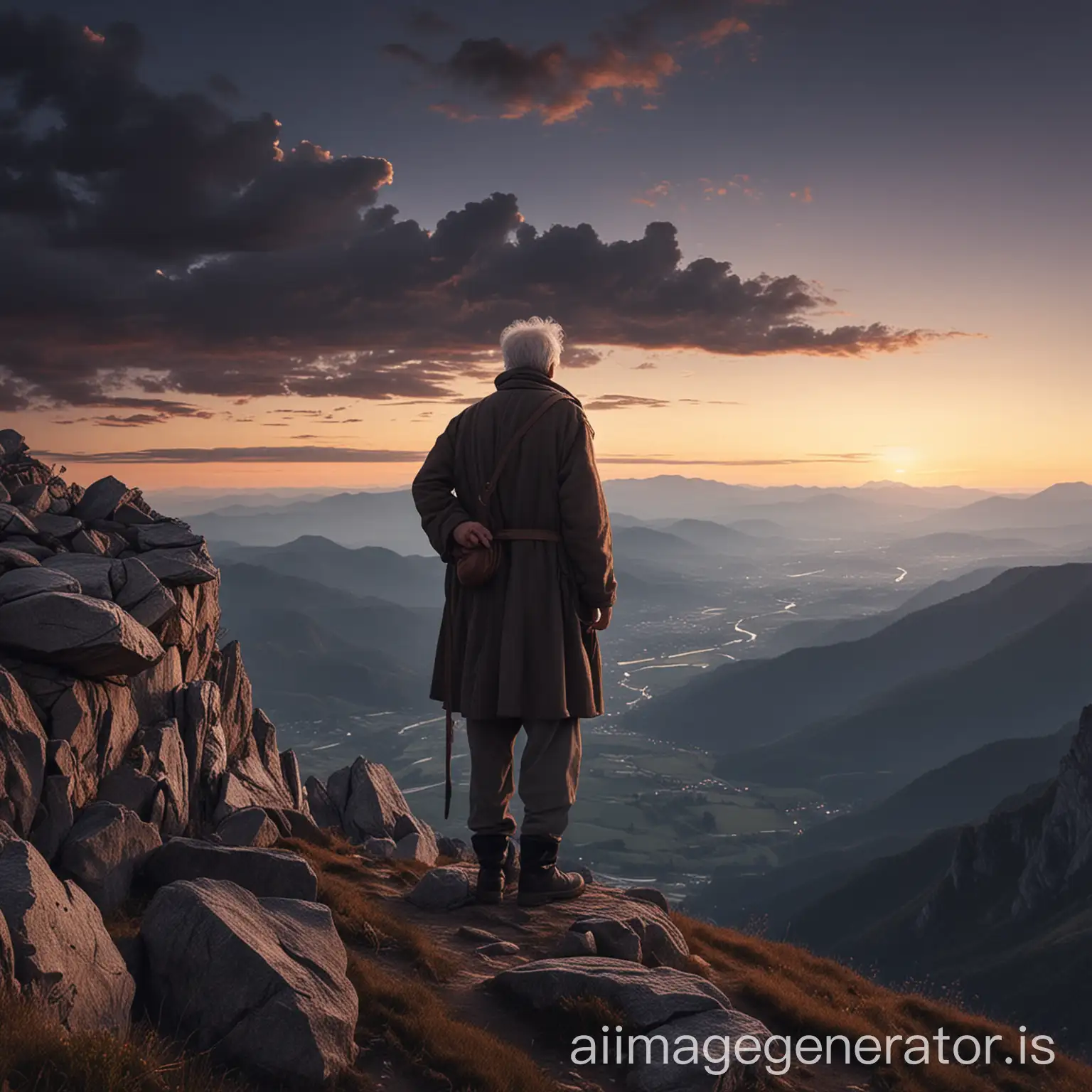 an old man on the top of a mountain gazing at the future twilight