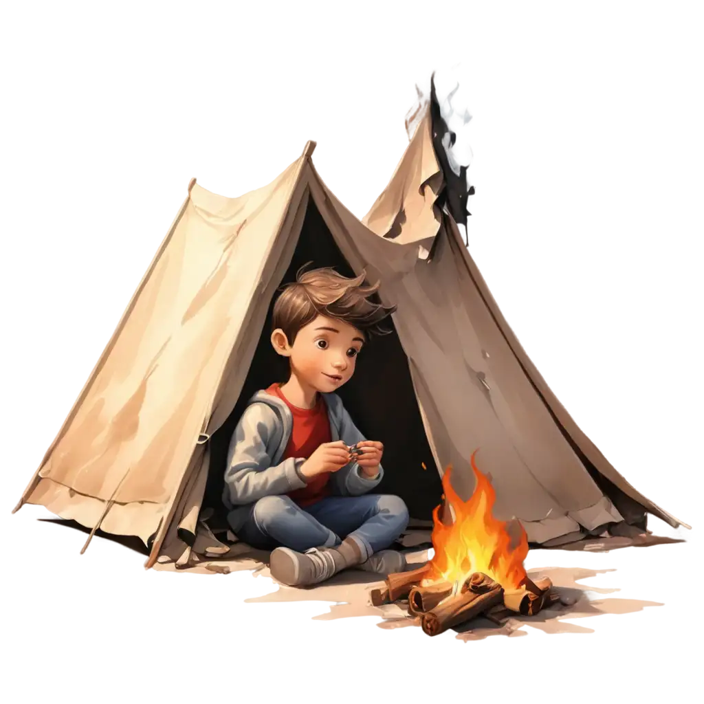 3D-PNG-Image-of-Two-Cold-Children-Sitting-by-a-Smoldering-Fire-and-Torn-Tent