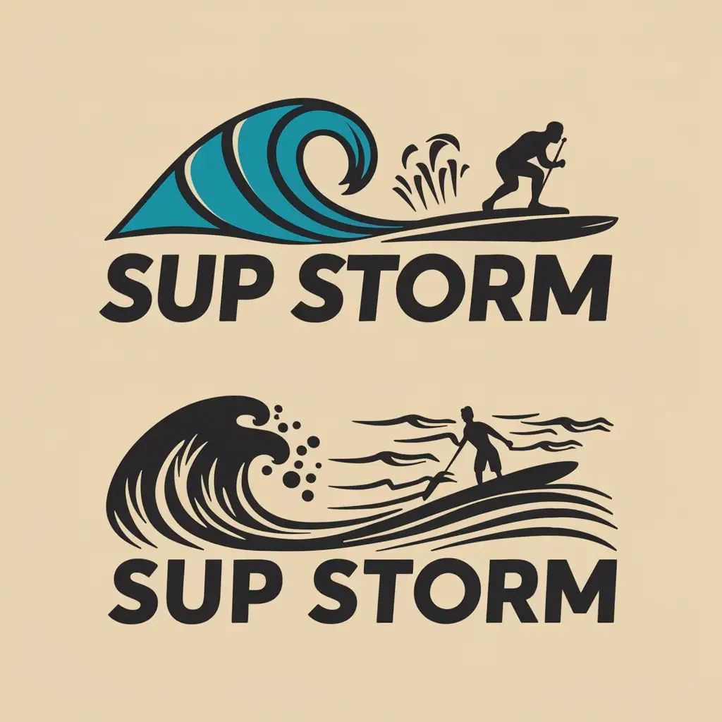 a vector logo design,with the text "SUP STORM", main symbol:Conceptual ideas for the SUP STORM logo:
Concept 1: Waves and SUP Board
Icon: A stylized image of a SUP board on a dynamic wave. The wave will be made in shades of blue and turquoise from the first palette.
Text: The name "SUP STORM" is integrated into the waves, the font is modern and dynamic, the text color is dark blue or deep blue.
Concept 2: Storm and SUP Board
Icon: Silhouette of a man on a SUP board overcoming big waves. The waves will be stylized as a storm, possibly with the addition of wind elements.
Text: The name "SUP STORM" is located below the icon, the font is energetic, the colors are a combination of sand and dark blue from the second palette.
Concept 3: Abstraction and minimalism
Icon: An abstract image of a wave and wind connected to the silhouette of a SUP board. Minimalist style, clean lines.
Text: The name "SUP STORM" is written in a modern font, it is possible to use all shades of the palette in a gradient.
Concept 4: Natural Energy
Icon: An image of lightning coming out of a wave, with a SUP board in the center. This symbolizes the power and energy of the storm.
Text: The title " is written large, possibly using effects that give a sense of movement.,Moderate,clear background