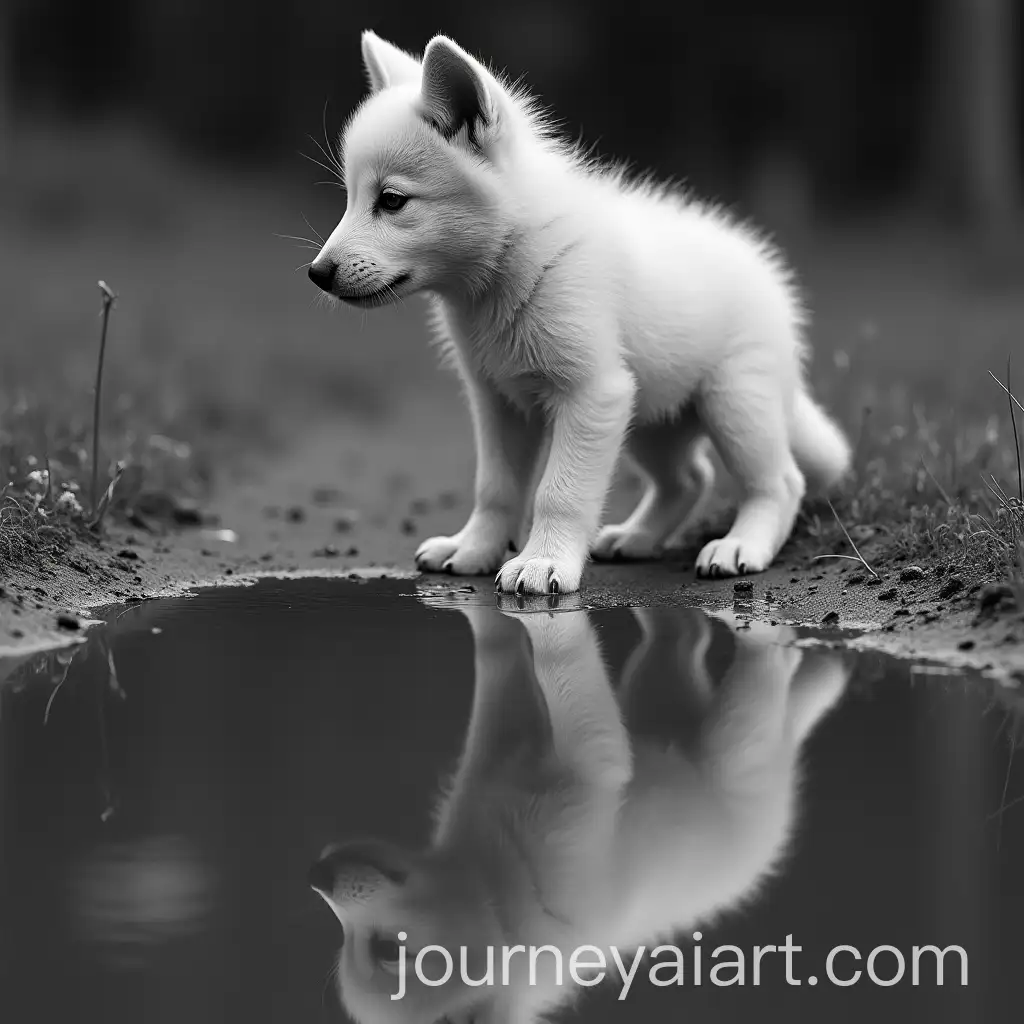 Wolf-Puppy-Gazing-at-Reflection-in-Puddle-Appearing-as-Adult-Wolf