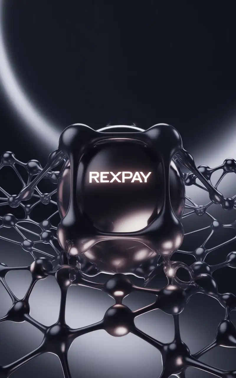 Design a high-tech, futuristic image for a mobile app called Rexpay, emphasizing its central role in a connected network of nodes. The background should feature a smooth gradient transitioning between deep black, metallic gray (Payne's Gray) with a clean, balanced look. In the center of the composition, place a large 3D node representing Rexpay, which is connected to other smaller nodes. These interlocking nodes should form high tech exoskeleton around a round, blob-like sphere that is glossy and metallic with intricate detailed pattern. The sphere inside the main node should have a gradient of deep black and subtle gray, but the interlocking nodes themselves should feature vibrant gradients—deep-bright blue, subtle yet bright purple, and metallic gray with liquid metal textures. The Rexpay name should be written in bold, glowing white color text on the central node, center node should be connected to thousands illuminating with a soft, radiant glow that highlights the importance of the node. The glowing effect should create a subtle halo around the text, adding depth and focus to the central element. Soft studio lighting from the top-right corner should emphasize the high definition and intricate details of the connections. The center node node should be connected in a structured, network-like fashion but should not clutter the scene. Strategically place floating blobs (or disconnected nodes) throughout the background and a few in the foreground, some partially visible, and some offset at the edges of the composition. These blobs should float freely and vary in size, matching the color gradient of the interlocking nodes but not connected to any specific point. Ensure the lighting interacts with the blobs and nodes for depth and subtle reflections. The overall feel should be modern, tech-inspired, with crisp, polished  intricate details while maintaining a sleek, minimalist aesthetic. "