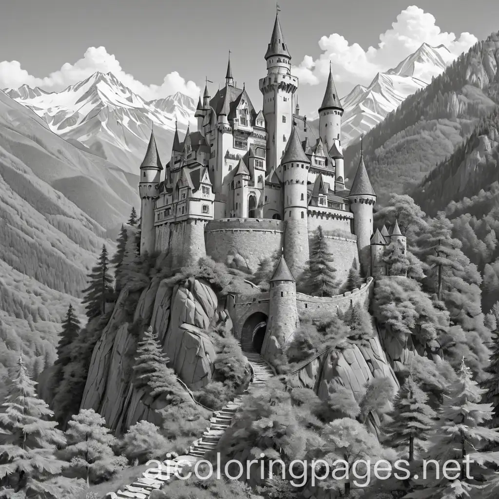 Mountain-Castle-in-Gray-and-Brown-with-Green-Forests