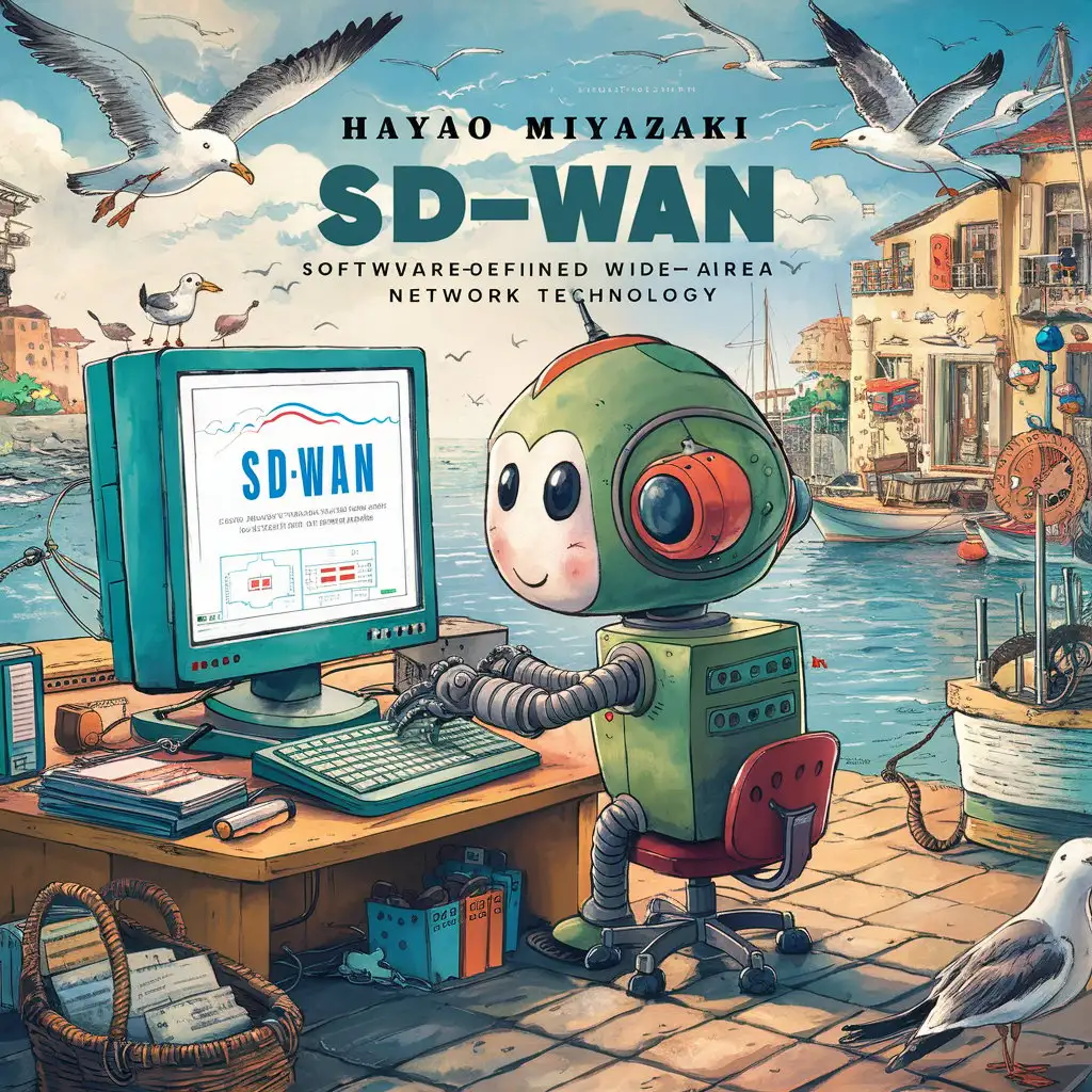 A small cute robot in an office on the sea, using a Studio Ghibli style, with SD-WAN representing Software Defined Wide Area Network, is an innovative technological element in Wide Area Network (WAN).