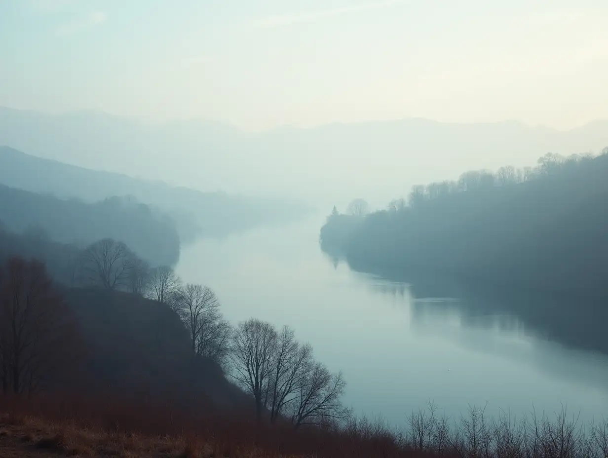 A serene misty morning landscape in November showcasing rolling hills and a calm lake background with empty space for text 