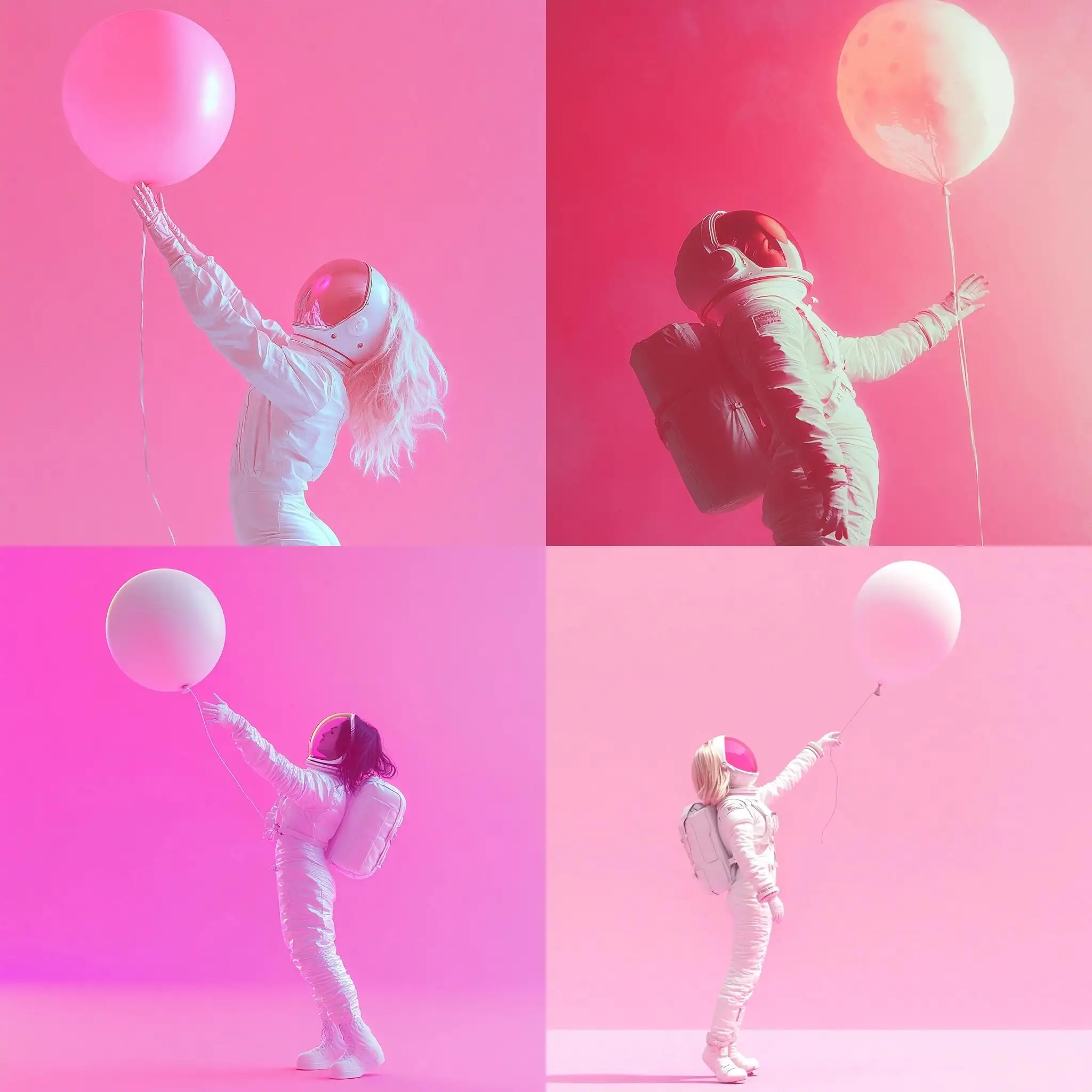 Elegant-Girl-in-White-Spacesuit-Reaching-for-Balloon-in-Pink-Space