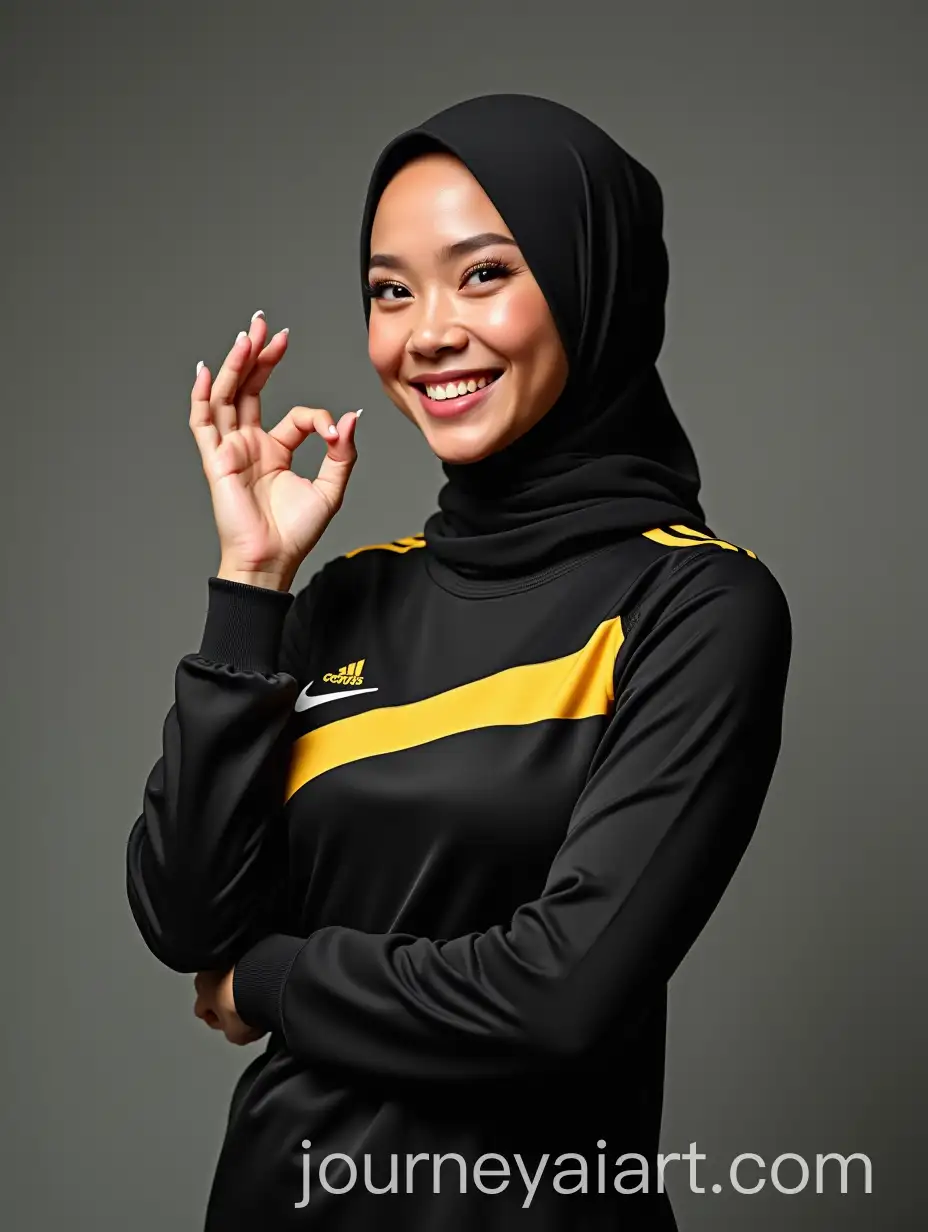 Beautiful-Malay-Woman-in-Soccer-Jersey-Smiling-with-Cheerful-Gesture