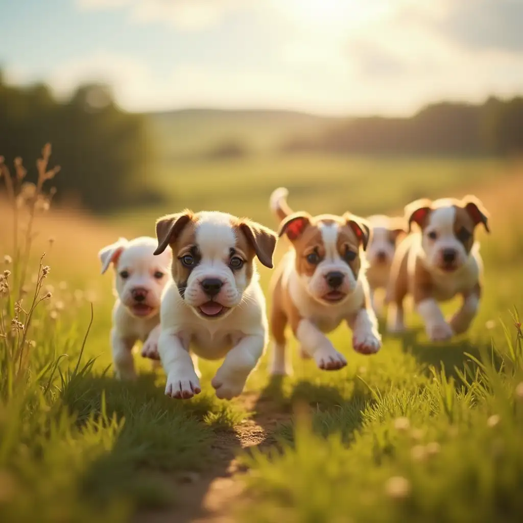 An adorably cute litter of British Bulldog puppies, running over a seemingly never-ending British Countryside hill in the summer sunshine