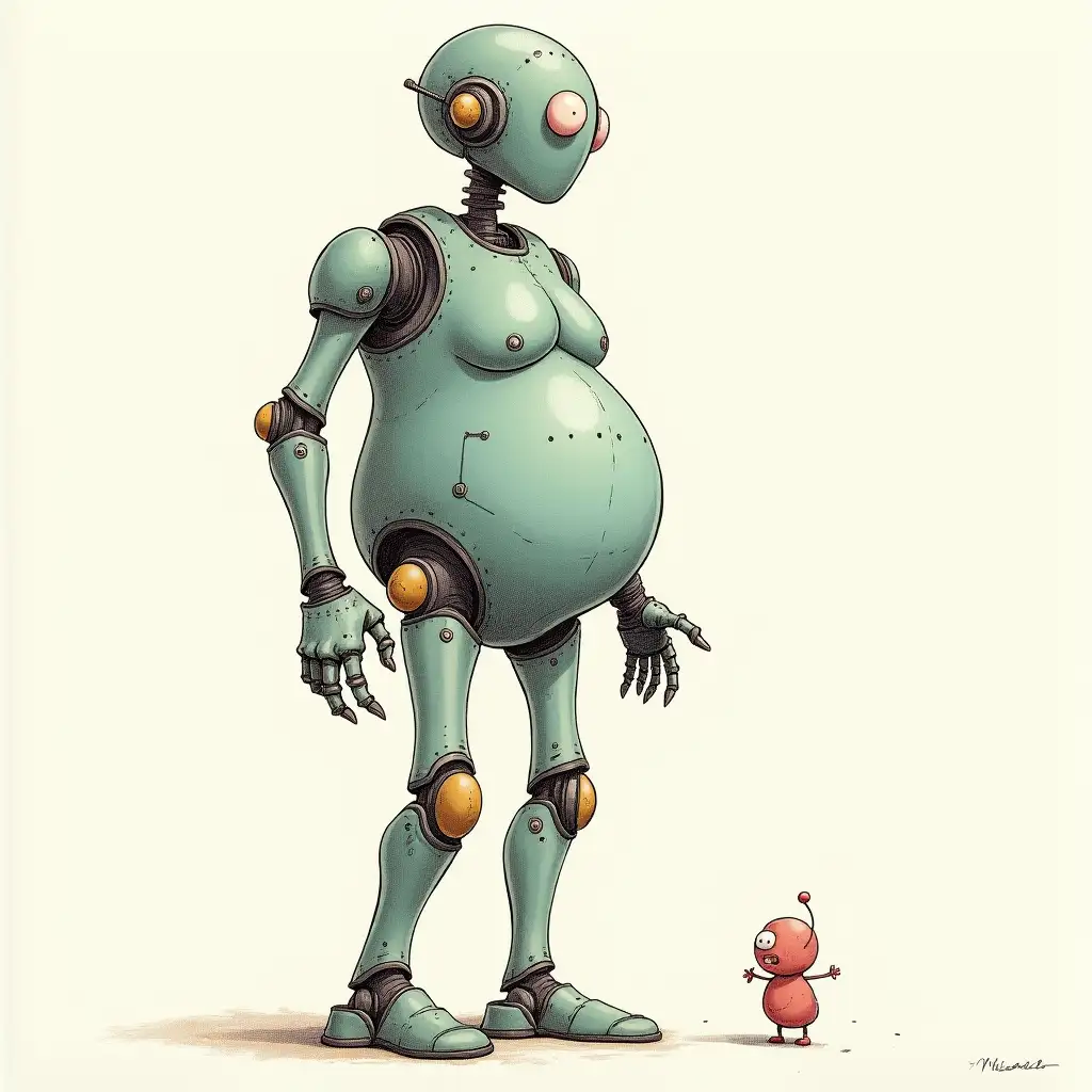 Colored-Cartoon-Drawing-of-a-Pregnant-Robot-Man-in-a-Side-View