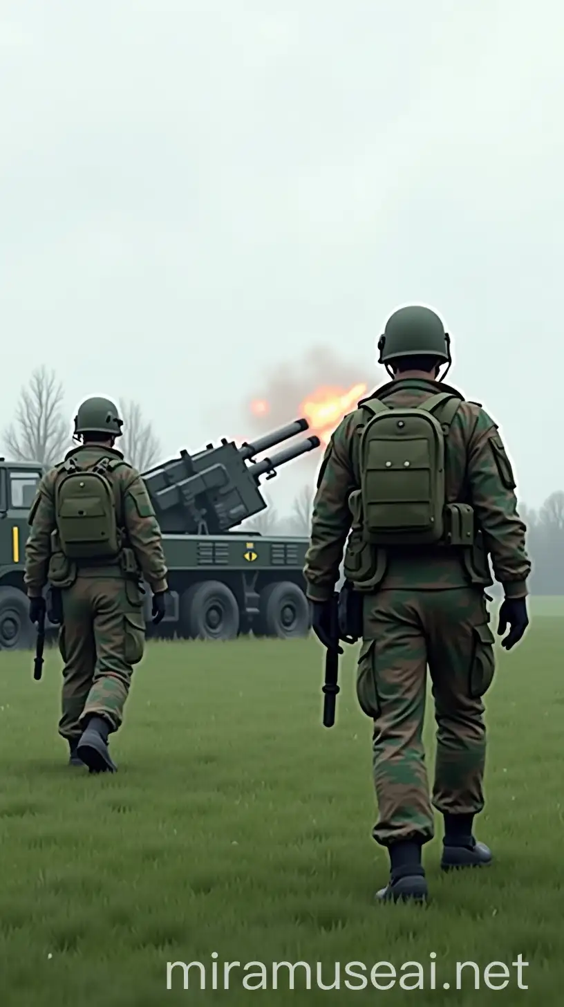 Military Scene with Soldiers and Artillery Firing in Overcast Field