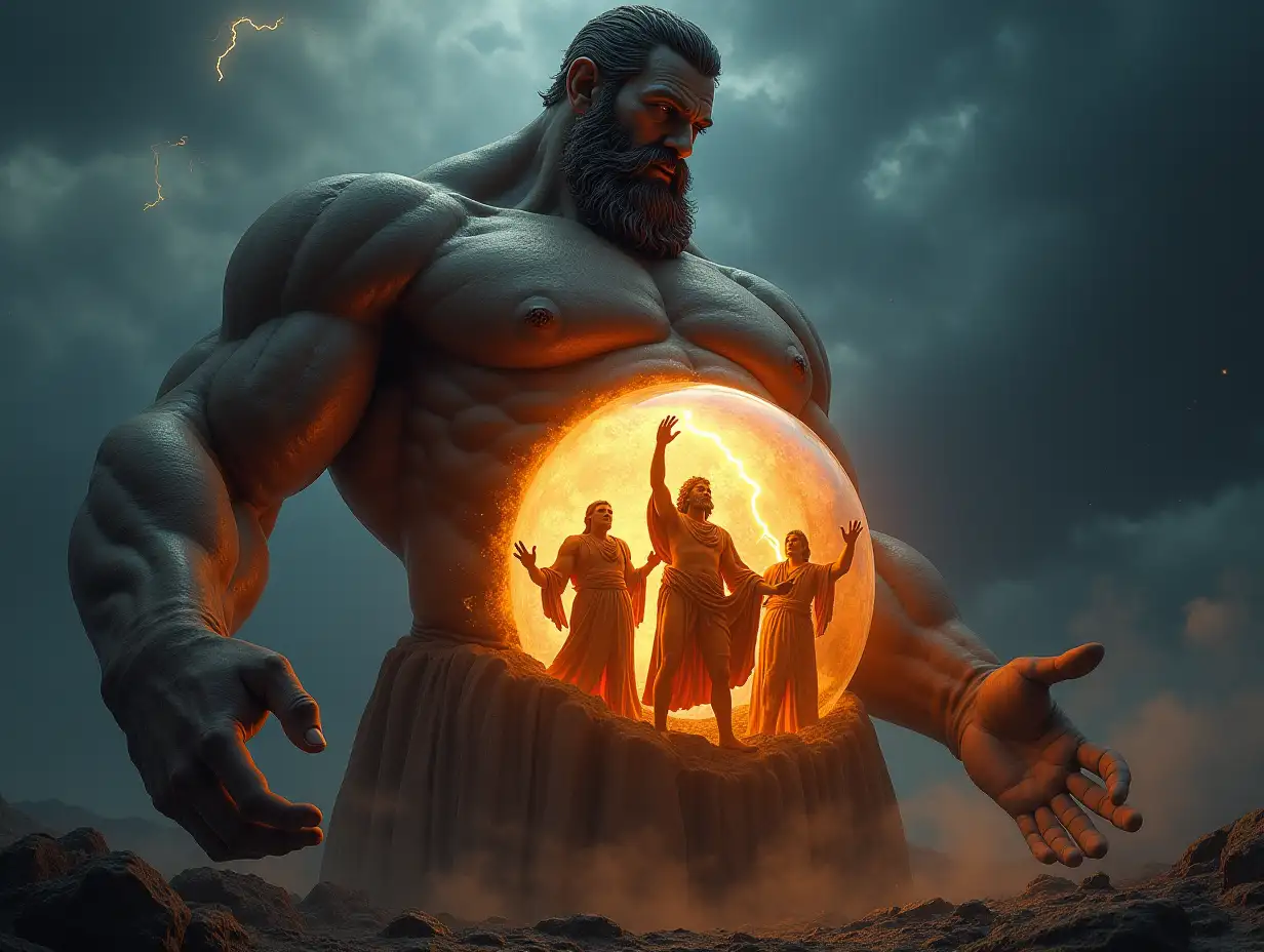 A surreal depiction of Cronus, the titan, with his belly glowing ominously. Inside his translucent abdomen, the figures of Zeus's siblings are visible, each with a desperate expression, reaching out and calling for freedom. The setting is an ancient Greek landscape with a stormy sky and lightning. The mood is tense and dramatic, with a sense of urgency and impending liberation. The style is hyper-realistic, with detailed textures and vivid lighting effects. The composition focuses on Cronus's form, with his abdomen the central focal point, and the siblings' outstretched hands creating a sense of movement and tension.