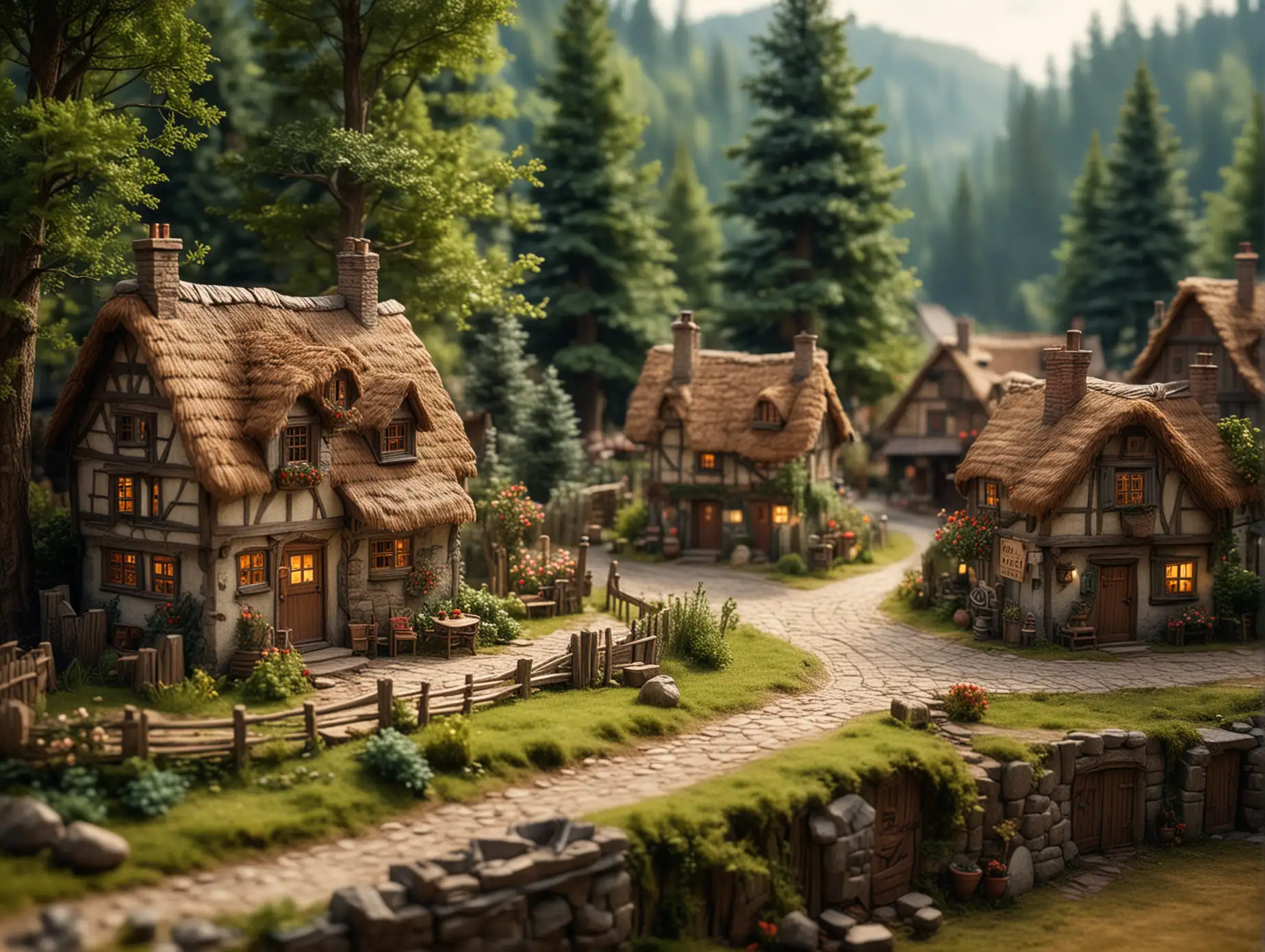 Peaceful-Fairytale-Village-Diorama-with-Cozy-Cottages-and-Forest-Background