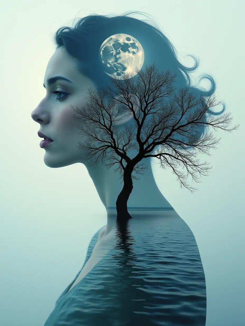 Double exposure, layering, woman's face, moon, sea, tree, in the style of Nikas Safronov, intricate, fantasy, UltraHD