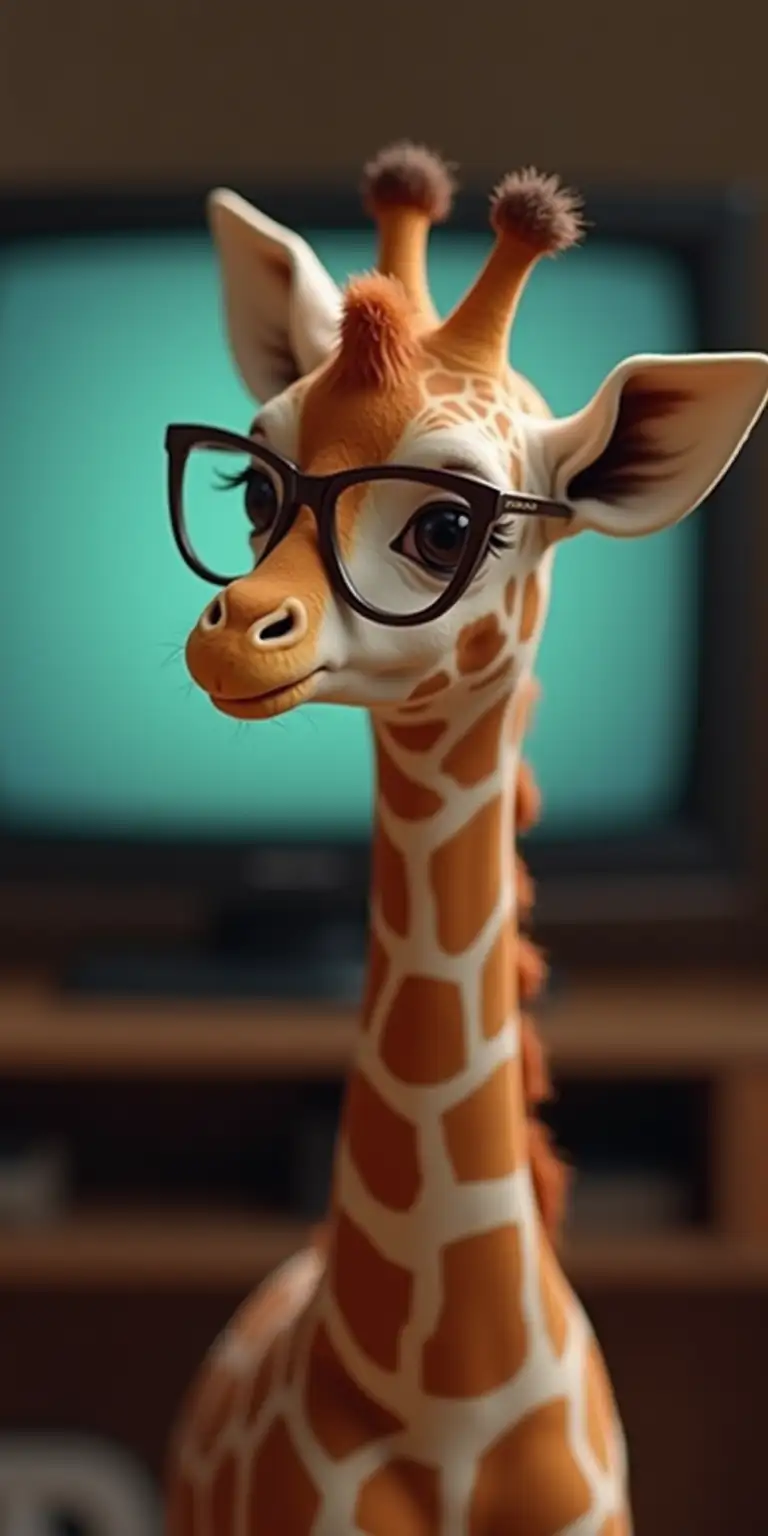 small baby Giraffe with glasses in TV wondering