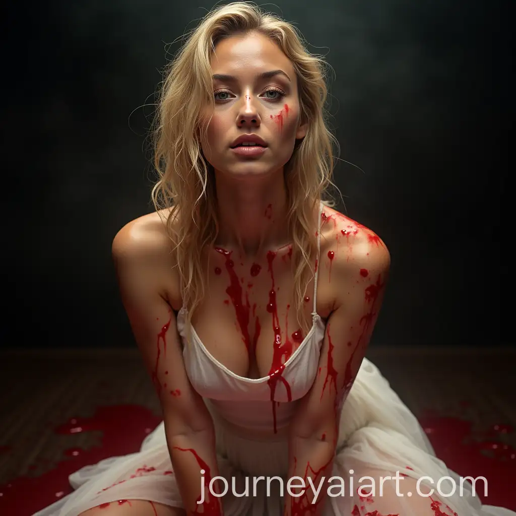 Dramatic-Portrait-of-a-Bloodied-Blonde-Woman-on-Stage