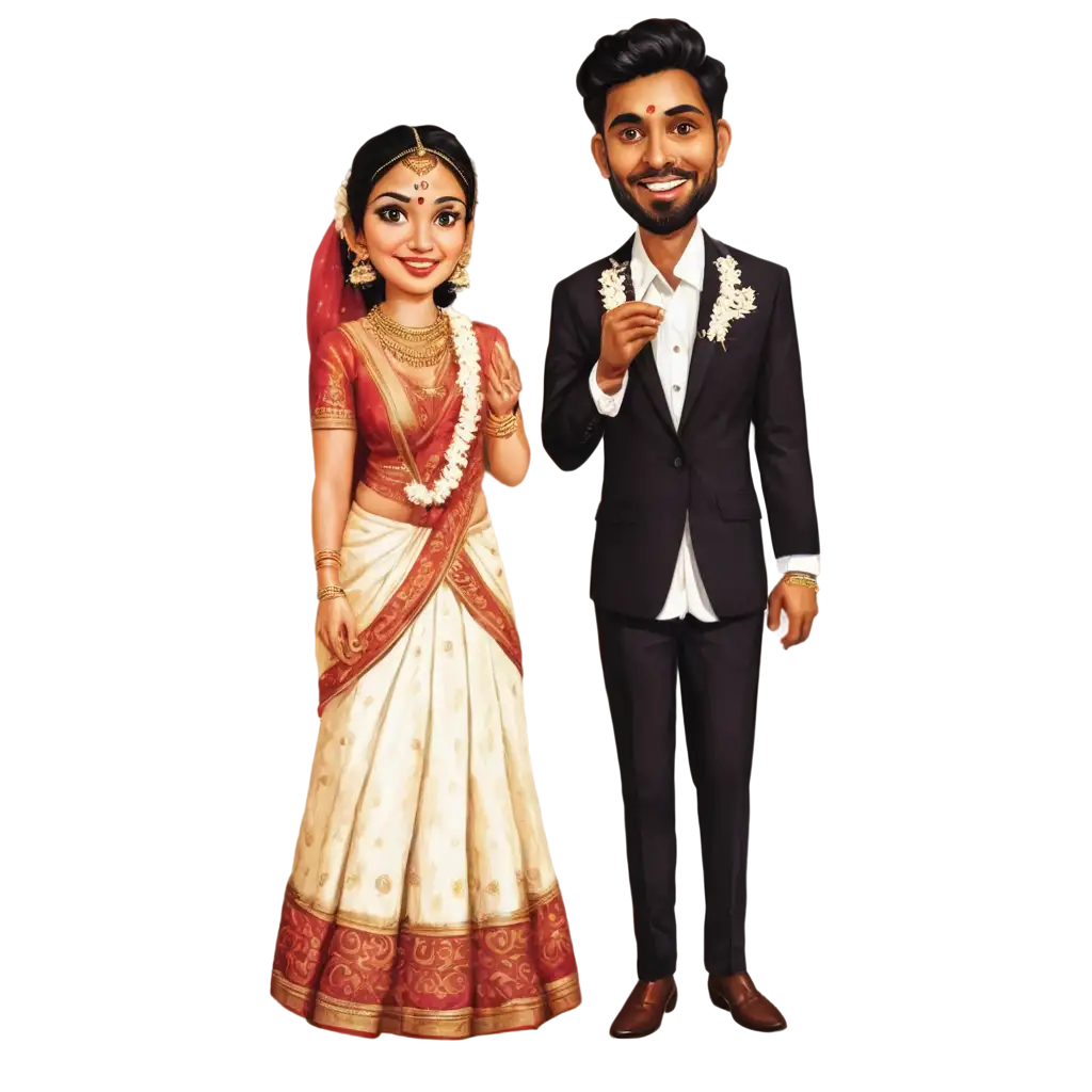 Traditional-South-Indian-Wedding-Bride-and-Groom-Caricature-in-PNG-Format