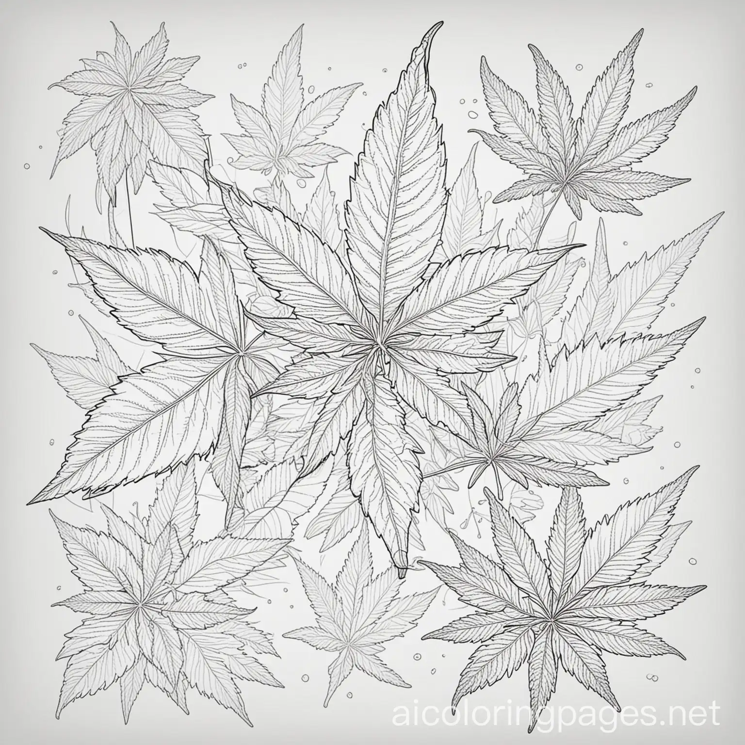 coloring book page, without color,  outline drawing of different cannabis leaves that fill the page, like wallpaper, to be colored in later, Coloring Page, black and white, line art, white background, Simplicity, Ample White Space. The background of the coloring page is plain white to make it easy for young children to color within the lines. The outlines of all the subjects are easy to distinguish, making it simple for kids to color without too much difficulty