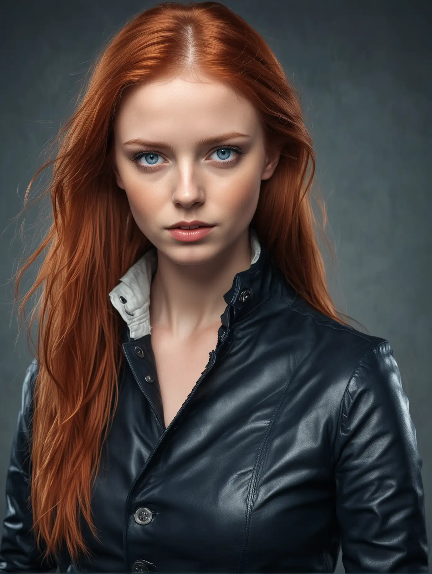 Young Scandinavian Woman in Red Leather Outfit Blue Eyes Full Length Portrait