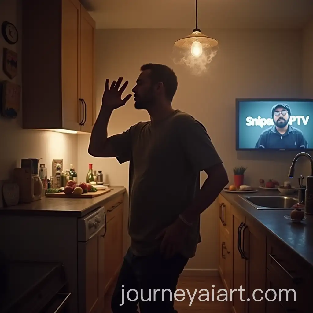 Man-Dancing-in-Kitchen-with-Smoky-Atmosphere-and-TV-Showing-Snipers-IPTV
