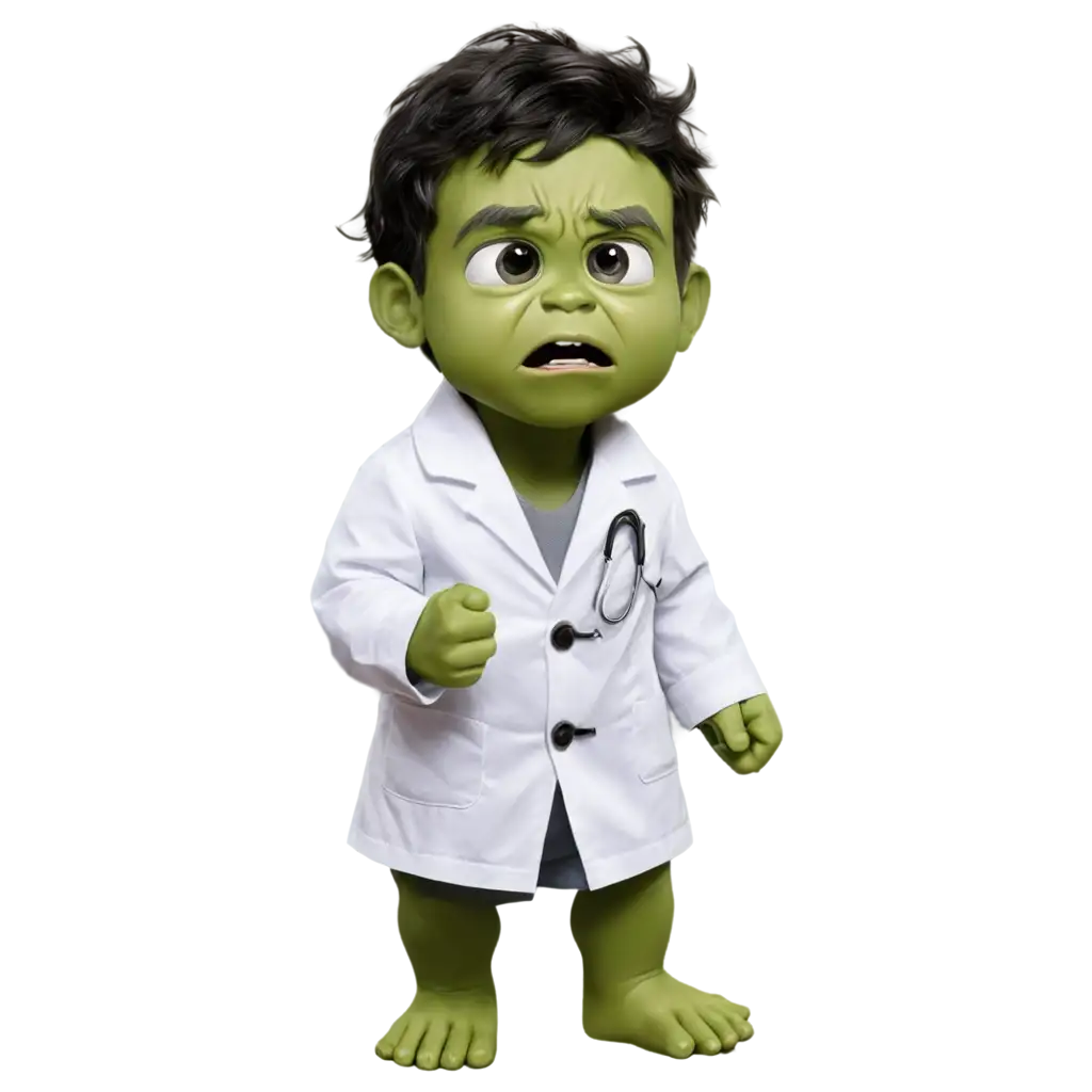 baby hulk, in white robe, dressed as scientist.crying