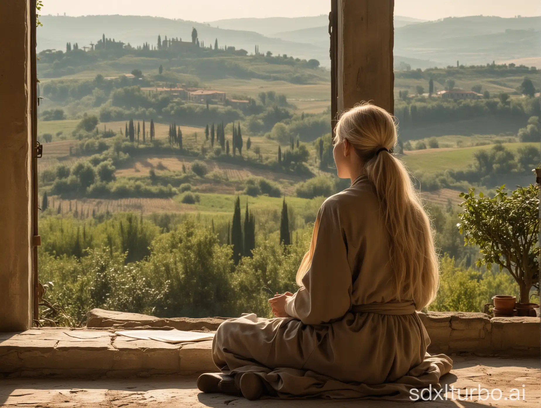 Morning-Poetry-Recital-Woman-with-Long-Blonde-Hair-and-Monk-in-Tuscany
