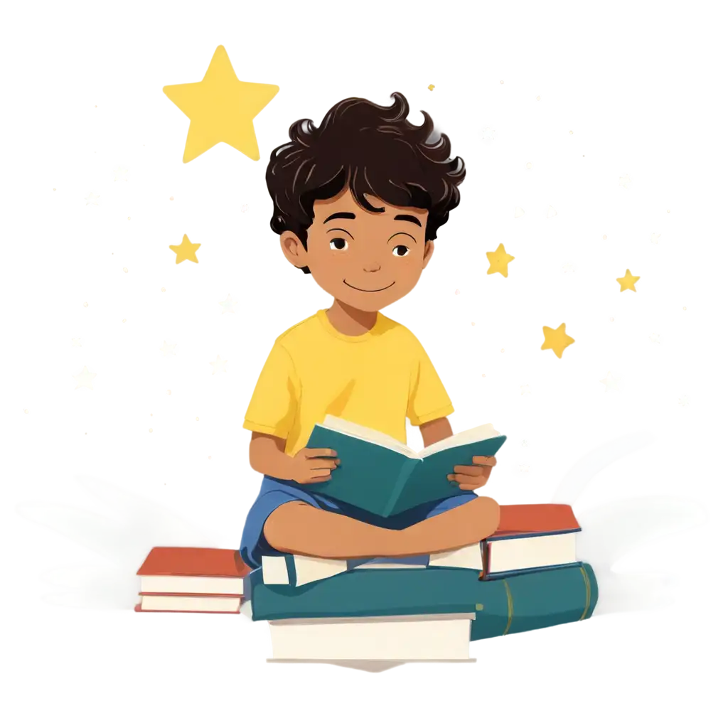 a cartoon drawing of a child sitting on books and reading a book with books next to him and stars around him