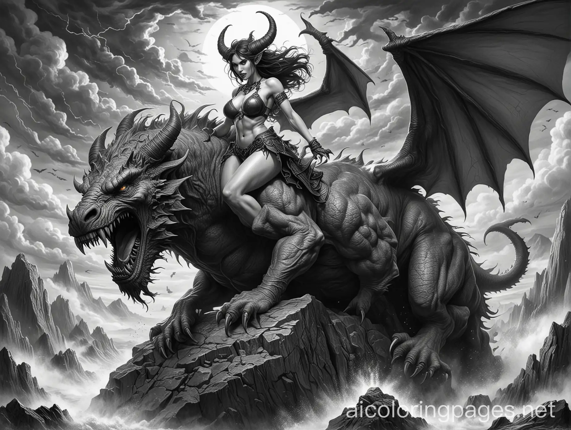 Line art, black and white, highly detailed, sexy succubus riding a colossal troll, in a storm., Coloring Page, black and white, line art, white background, Simplicity, Ample White Space. The background of the coloring page is plain white to make it easy for young children to color within the lines. The outlines of all the subjects are easy to distinguish, making it simple for kids to color without too much difficulty