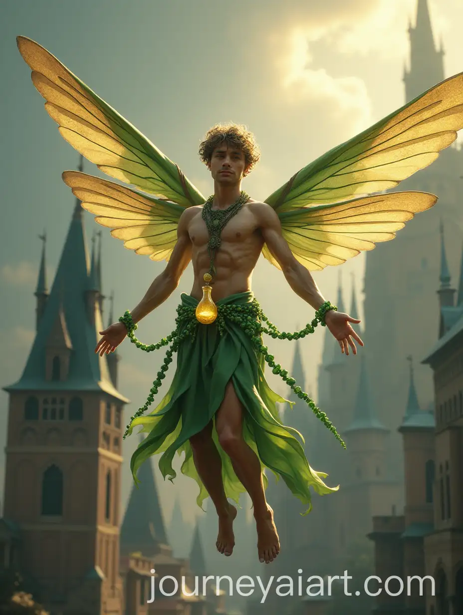Handsome-Male-Fairy-with-Giant-Feather-Wings-Soaring-Above-Medieval-City