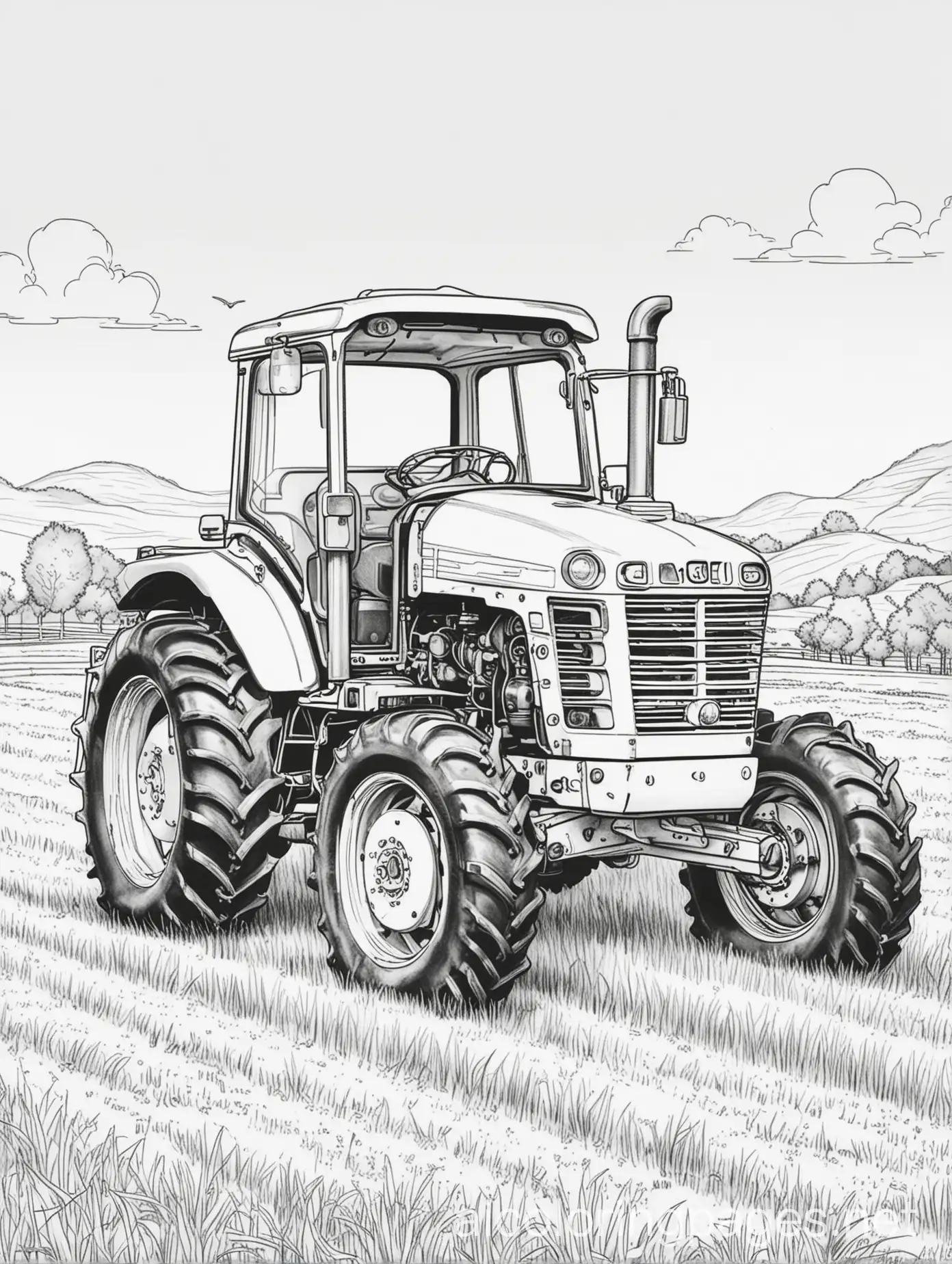 Tractor on grass, black and white, line drawing, white space, Coloring Page, black and white, line art, white background, Simplicity, Ample White Space. The background of the coloring page is plain white to make it easy for young children to color within the lines. The outlines of all the subjects are easy to distinguish, making it simple for kids to color without too much difficulty