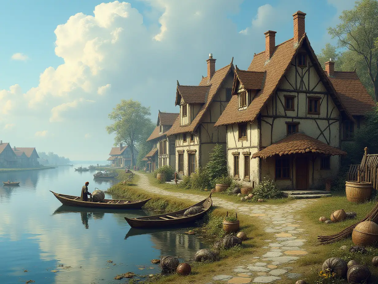 Dreamlike houses next to a river with fishermen, fishing nets, fish baskets and a small boat.