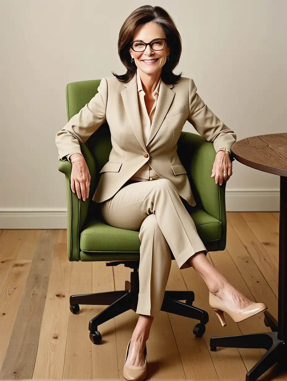 Lisa Feldman Barrett, sitting in a chair, 60 years old, glasses, straight brown hair, smiling, wooden table, coffee on the table, wooden floor, green chair, full length, beige shoes, beige business suit Dior, warm tone)
