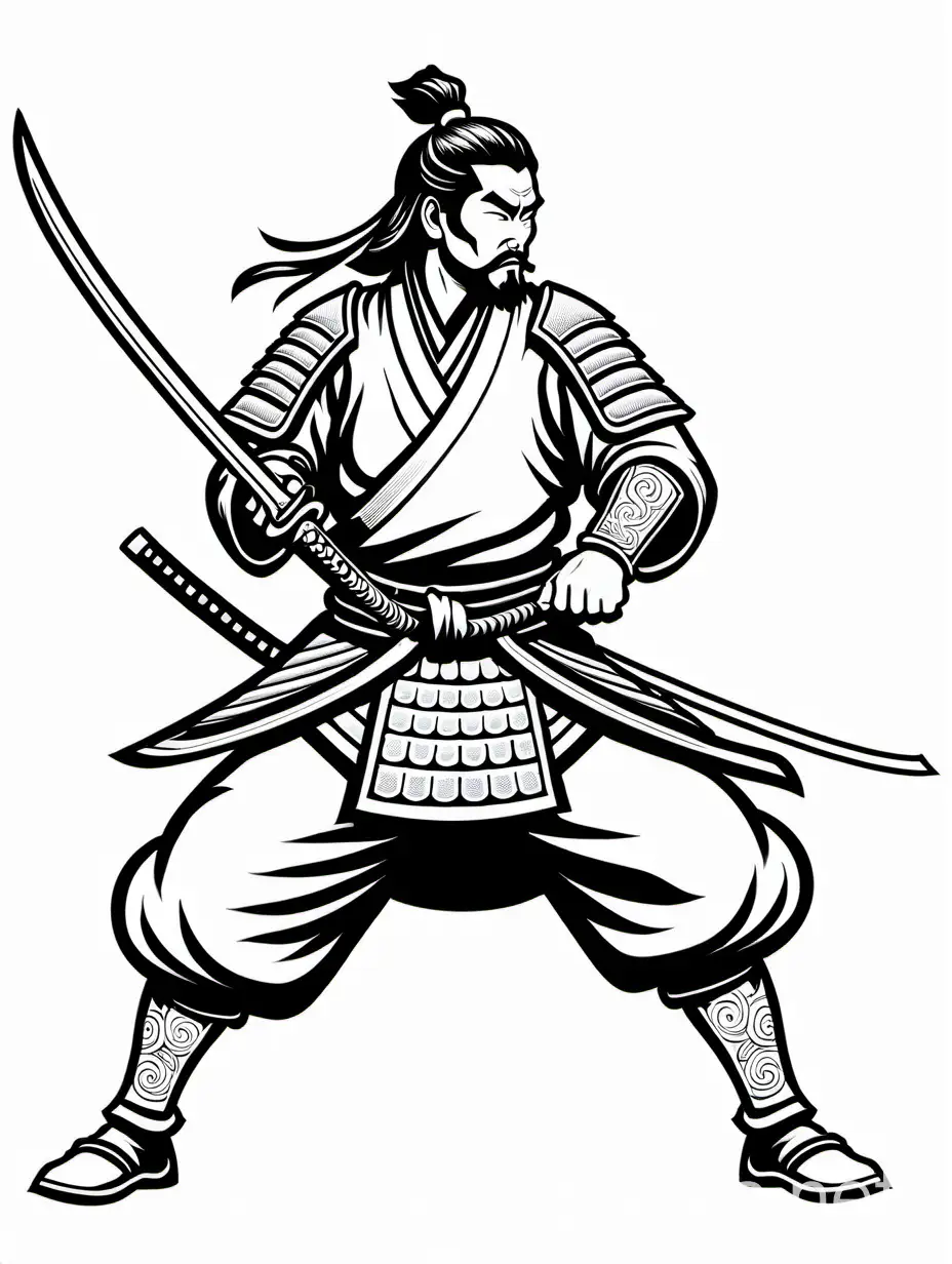 A Samurai fighting with other., Coloring Page, black and white, line art, white background, Simplicity, Ample White Space. The background of the coloring page is plain white to make it easy for young children to color within the lines. The outlines of all the subjects are easy to distinguish, making it simple for kids to color without too much difficulty