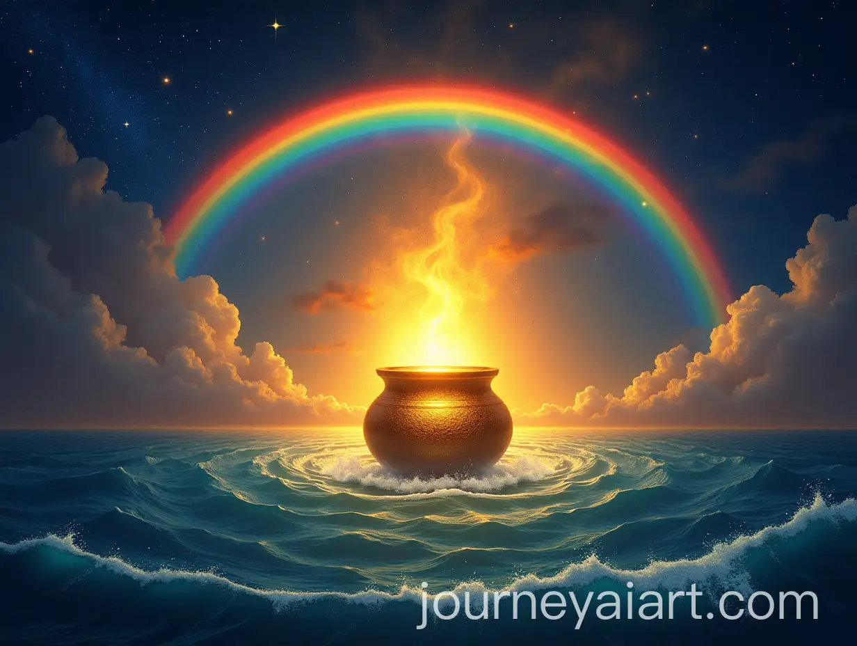 Devas-and-Asuras-Witness-the-Rising-Golden-Pot-of-Amrit-with-Rainbow-Sky