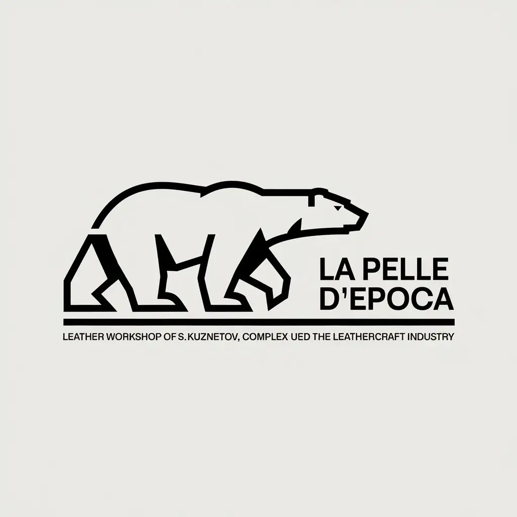 a vector logo design,with the text "La Pelle d'Epoca", main symbol:white polar bear walking to the right . To the right of the bear figure inscription: La Pelle d'Epoca. Below it a line under which inscription: Leather workshop of S.Kuznetsov,complex,be used in leathercraft industry,clear background