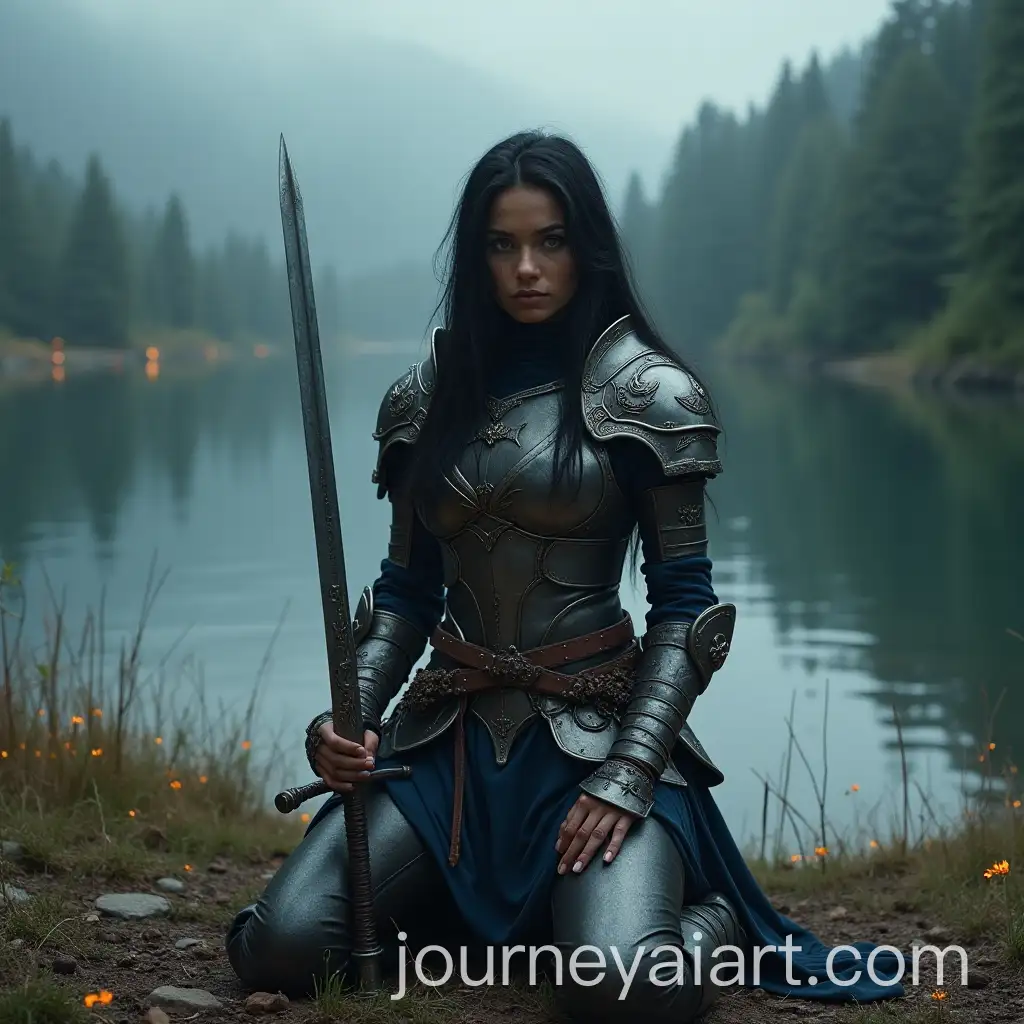 Warrior-Woman-in-DystAI-Art-Prompt-Expansionopian-Fantasy-Armor-Kneeling-by-Lake-with-Sword-and-Fireflies